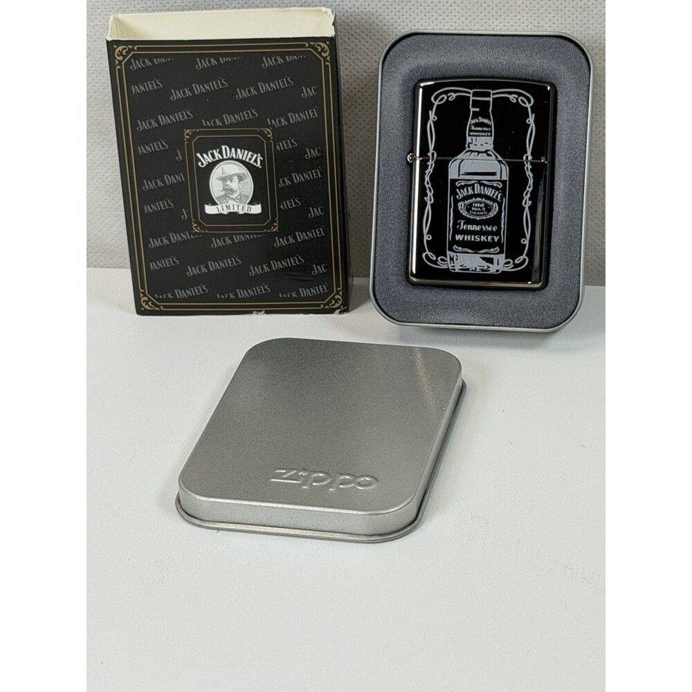 Zippo Jack Daniels Lighter Vintage High Polish Black Ice Chrome In Tin Box Rare